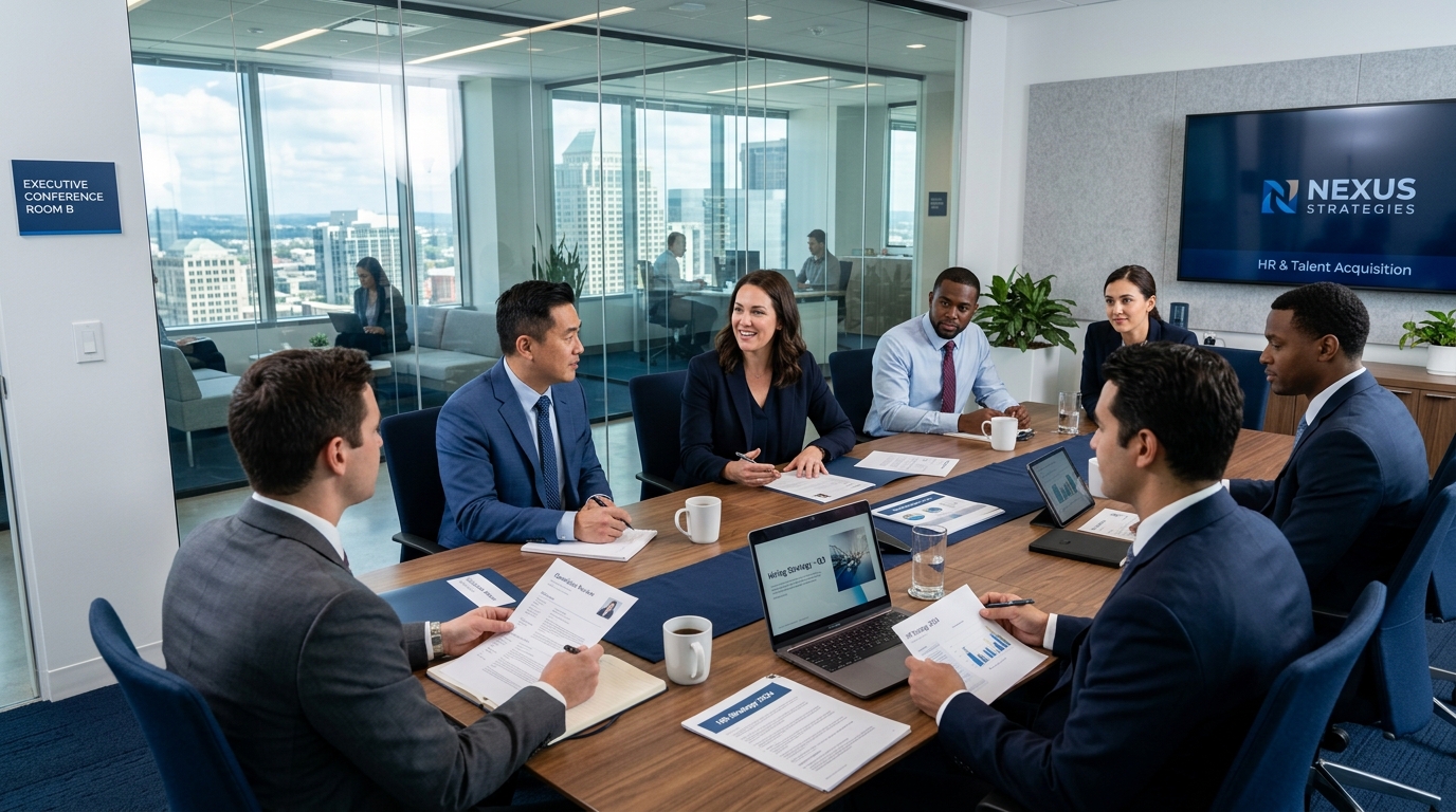 Corporate team meeting discussing talent acquisition strategies